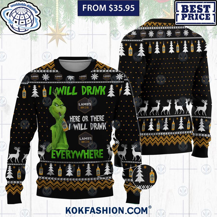 grinch i will drink lambs rum here or there ugly christmas sweater 1 686 Kokfashion.com