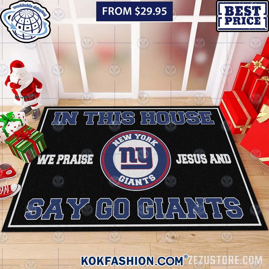 In This House We Praise Jesus and Say Go New York Giants Doormat Cutting dash